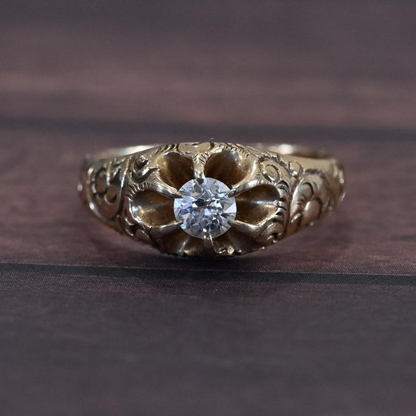 Victorian Old European Cut Diamond Antique 14K Yellow Gold Belcher Ring