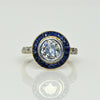Art Deco 1.35c Old Euro Diamond No Heat Blue Sapphire Halo 18k Platinum Ring GIA