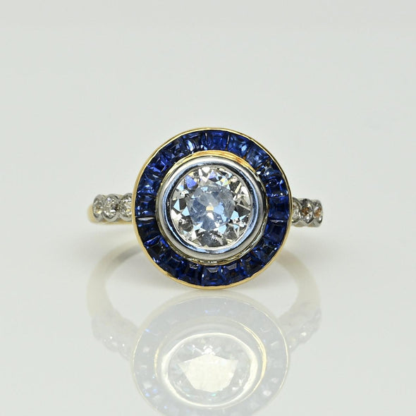 Art Deco 1.35c Old Euro Diamond No Heat Blue Sapphire Halo 18k Platinum Ring GIA