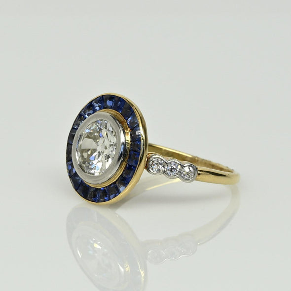Art Deco 1.35c Old Euro Diamond No Heat Blue Sapphire Halo 18k Platinum Ring GIA