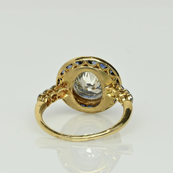 Art Deco 1.35c Old Euro Diamond No Heat Blue Sapphire Halo 18k Platinum Ring GIA