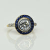 Art Deco 1.35c Old Euro Diamond No Heat Blue Sapphire Halo 18k Platinum Ring GIA