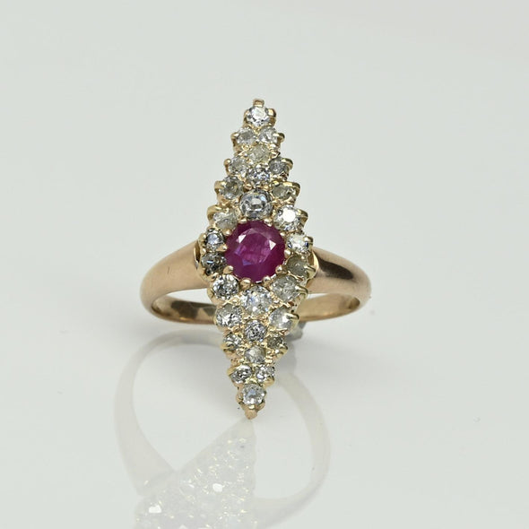 Antique Ruby and Diamond Navette Yellow Gold Ring