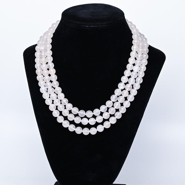 Rose Quartz Bead Three Strand Necklace w Diamond 14k Gold Clasp