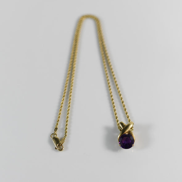 "X" Solitaire Amethyst Pendant on Rope Chain Necklace