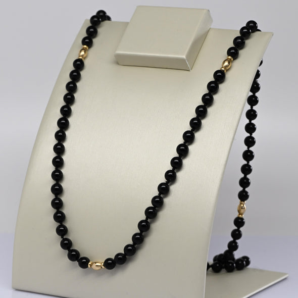Vintage Black Onyx 14k Yellow Gold Accent Beaded Necklace