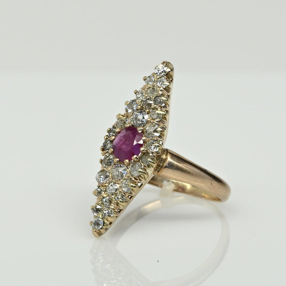 Antique Ruby and Diamond Navette Yellow Gold Ring