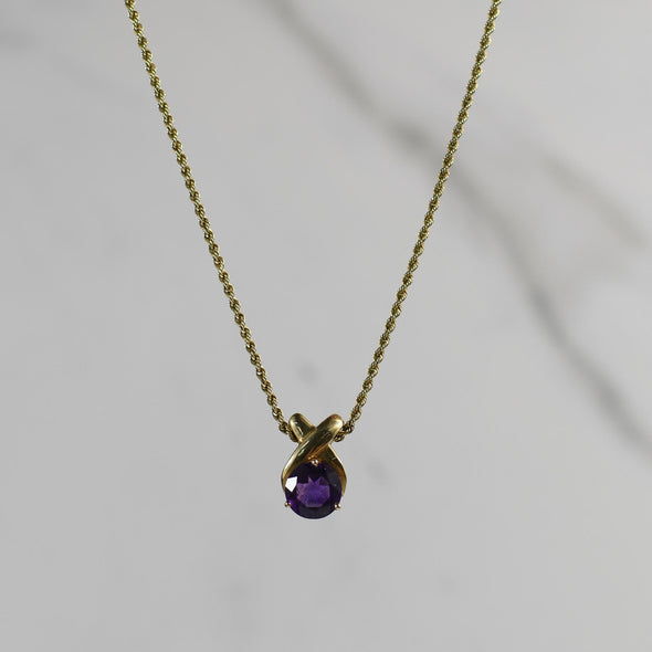 "X" Solitaire Amethyst Pendant on Rope Chain Necklace