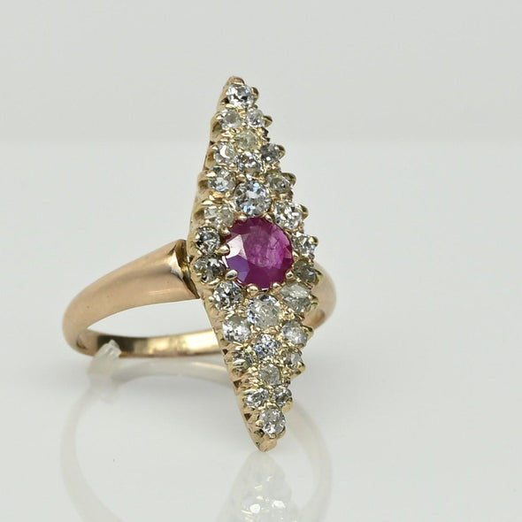 Antique Ruby and Diamond Navette Yellow Gold Ring