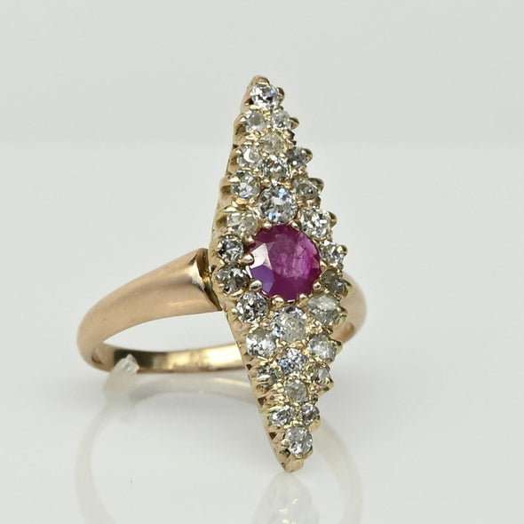Antique Ruby and Diamond Navette Yellow Gold Ring