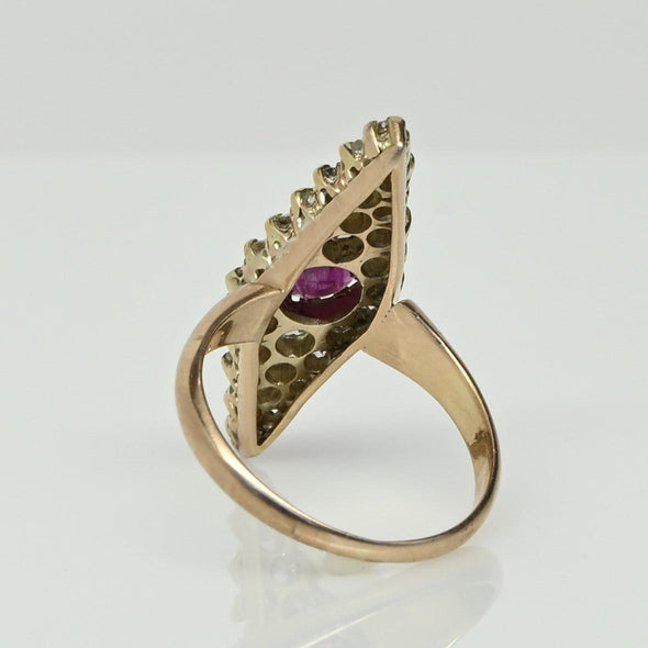 Antique Ruby and Diamond Navette Yellow Gold Ring