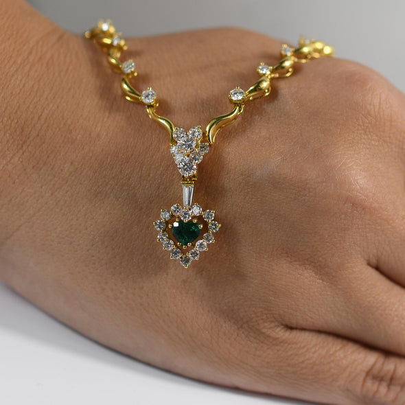 5ctw Diamond Riviera Necklace w Emerald Heart Enhancer Drop Pendant in 18K Gold