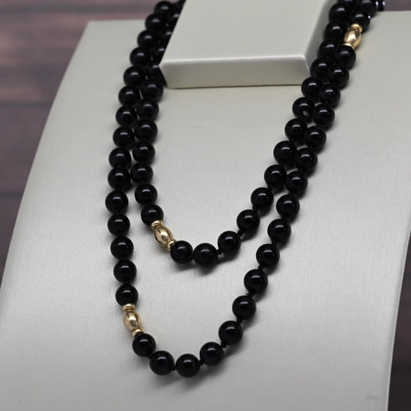 Vintage Black Onyx 14k Yellow Gold Accent Beaded Necklace