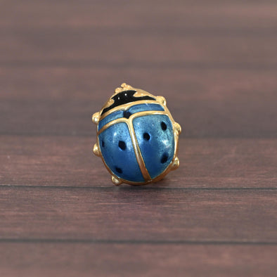 Ladybug Blue Enamel 14k Gold Brooch