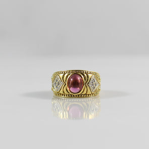 Pink Tourmaline Cabochon and Diamond Ring Wide 18k Gold Band w Engraving