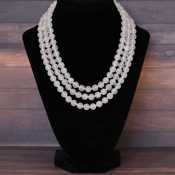 Rose Quartz Bead Three Strand Necklace w Diamond 14k Gold Clasp