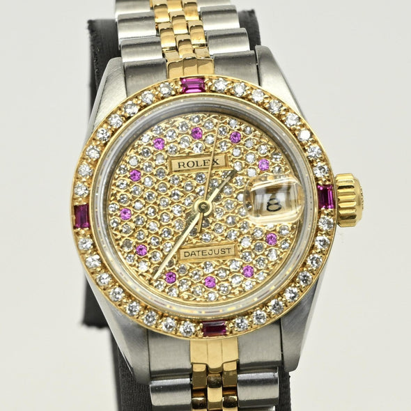 Rolex Datejust 69173 Diamond Ruby Dial Bezel Stainless & Gold Jubilee Watch 1986