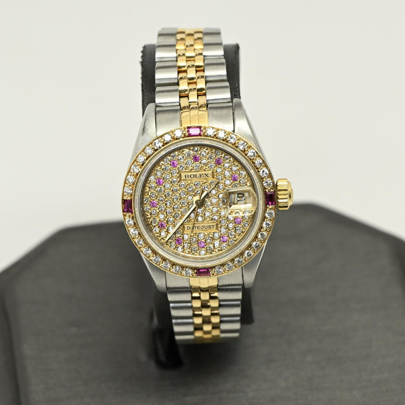 Rolex Datejust 69173 Diamond Ruby Dial Bezel Stainless & Gold Jubilee Watch 1986