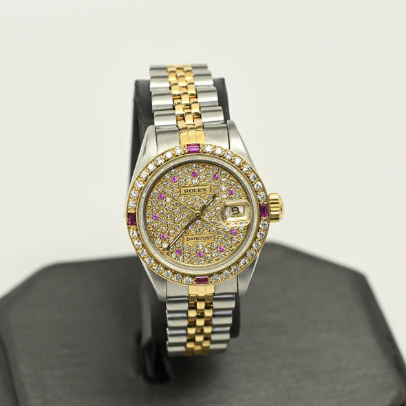 Rolex Datejust 69173 Diamond Ruby Dial Bezel Stainless & Gold Jubilee Watch 1986