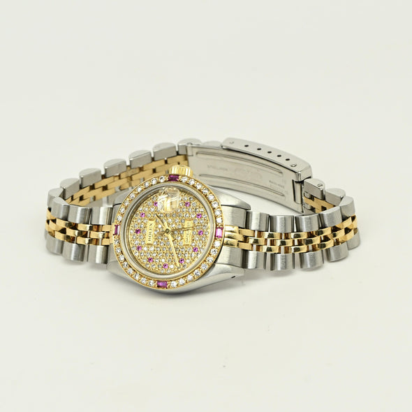 Rolex Datejust 69173 Diamond Ruby Dial Bezel Stainless & Gold Jubilee Watch 1986