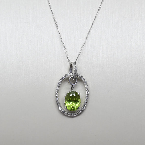 Peridot and Diamond Oval Pendant on 14k White Gold Necklace