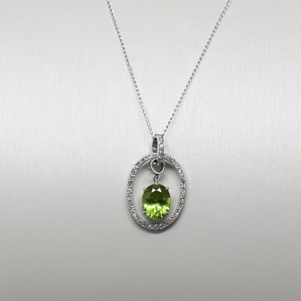 Peridot and Diamond Oval Pendant on 14k White Gold Necklace