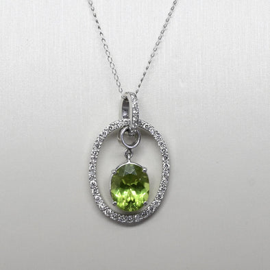 Peridot and Diamond Oval Pendant on 14k White Gold Necklace