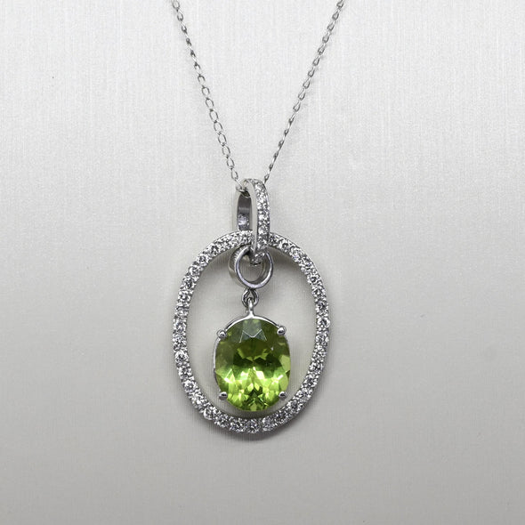 Peridot and Diamond Oval Pendant on 14k White Gold Necklace