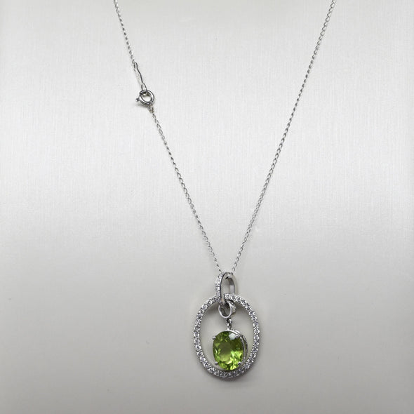 Peridot and Diamond Oval Pendant on 14k White Gold Necklace