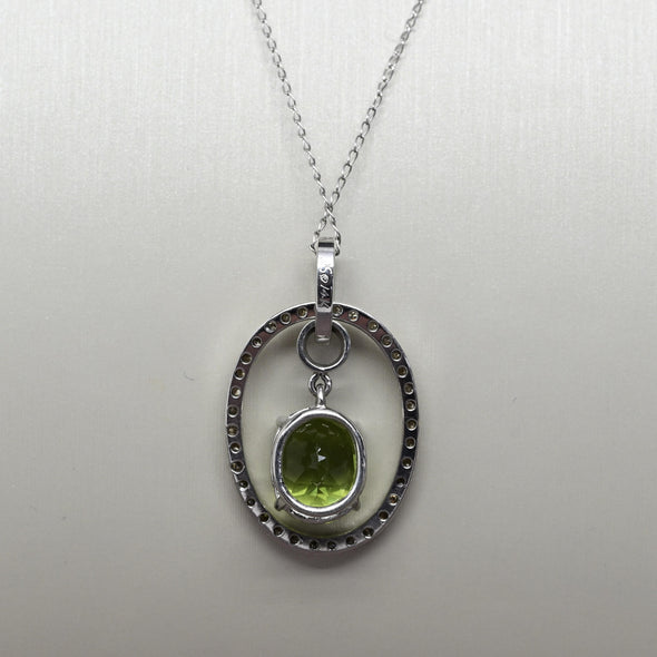 Peridot and Diamond Oval Pendant on 14k White Gold Necklace