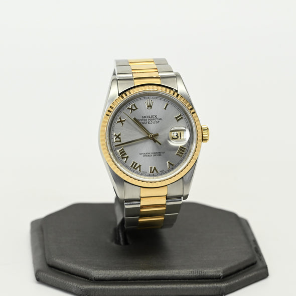 Rolex Datejust 16233 Stainless & Gold Steel Roman Dial Watch 2002 w Papers