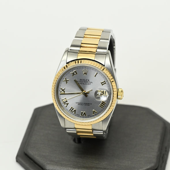 Rolex Datejust 16233 Stainless & Gold Steel Roman Dial Watch 2002 w Papers