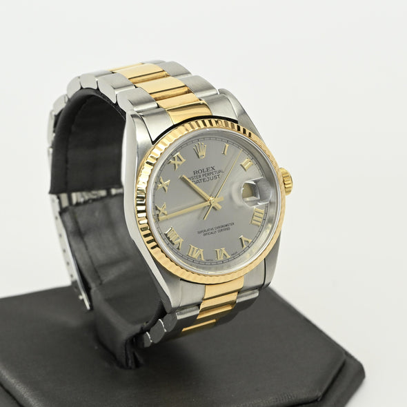 Rolex Datejust 16233 Stainless & Gold Steel Roman Dial Watch 2002 w Papers