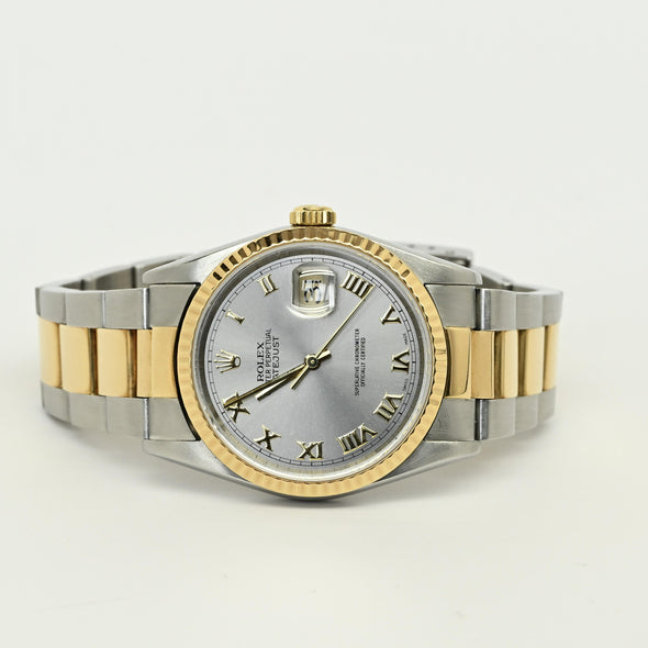 Rolex Datejust 16233 Stainless & Gold Steel Roman Dial Watch 2002 w Papers