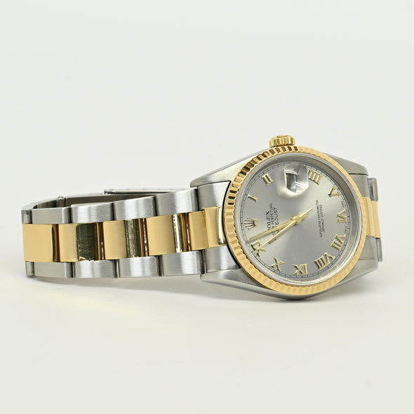 Rolex Datejust 16233 Stainless & Gold Steel Roman Dial Watch 2002 w Papers