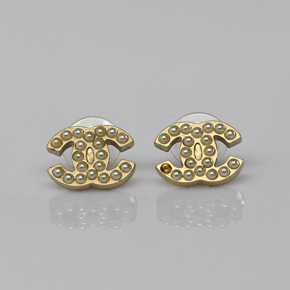 Chanel Pearl Gold Tone C Logo Stud Earrings