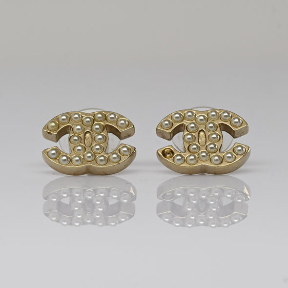 Chanel Pearl Gold Tone C Logo Stud Earrings
