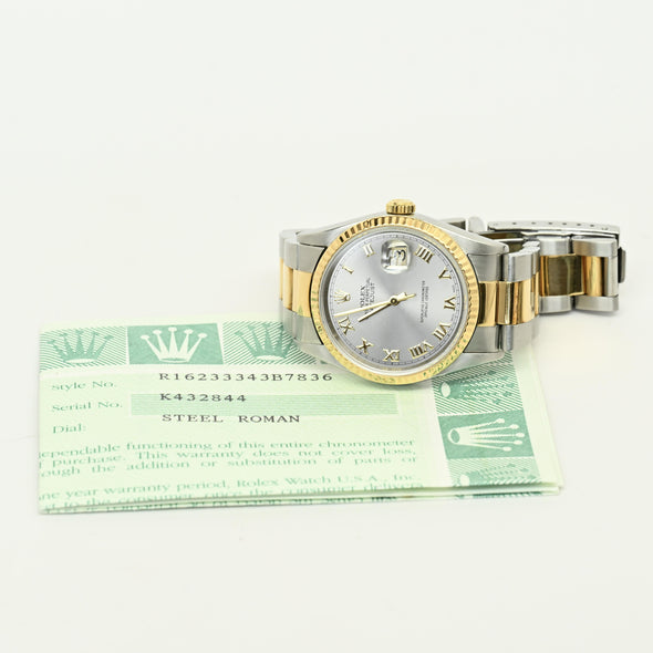 Rolex Datejust 16233 Stainless & Gold Steel Roman Dial Watch 2002 w Papers