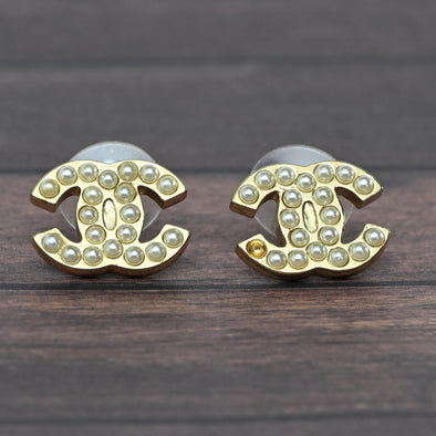 Chanel Pearl Gold Tone C Logo Stud Earrings