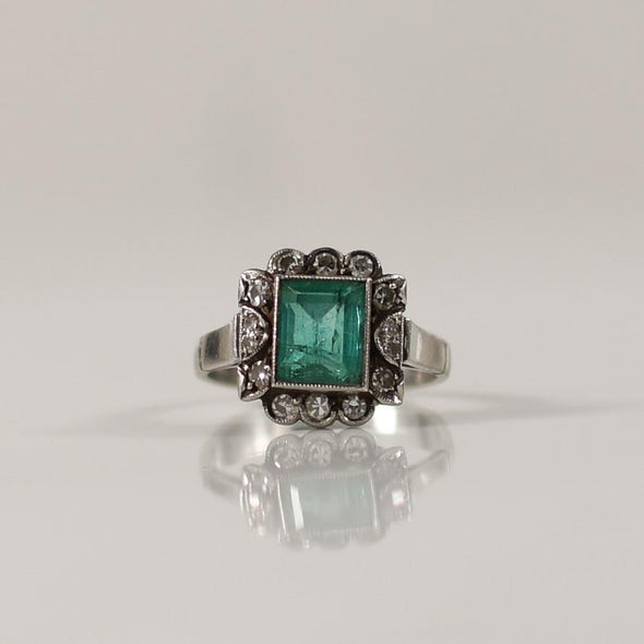 Art Deco Bezel Set Natural Emerald and Diamond Ring in Platinum