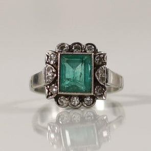 Art Deco Bezel Set Natural Emerald and Diamond Ring in Platinum