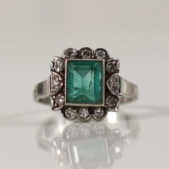 Art Deco Bezel Set Natural Emerald and Diamond Ring in Platinum