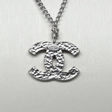 Chanel Coral Orange CC Logo Pendant Silver Tone Necklace