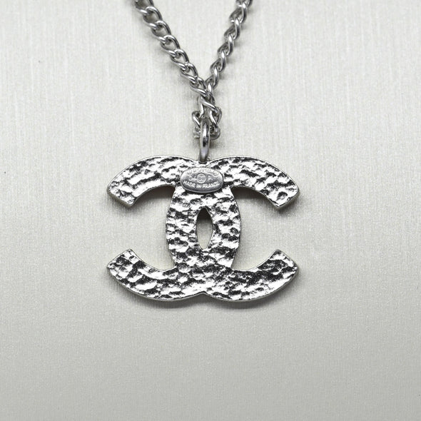 Chanel Coral Orange CC Logo Pendant Silver Tone Necklace