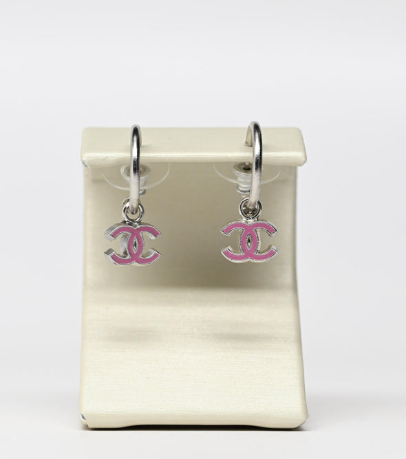 Chanel Pink Logo Dangle Silver Tone Hoop Earrings