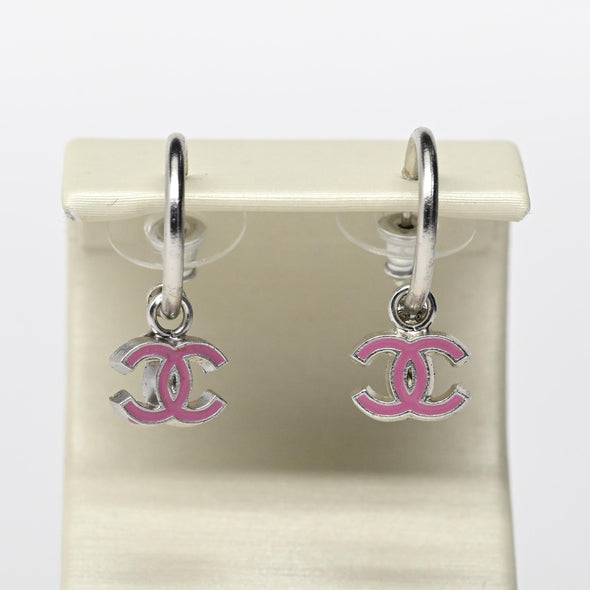 Chanel Pink Logo Dangle Silver Tone Hoop Earrings