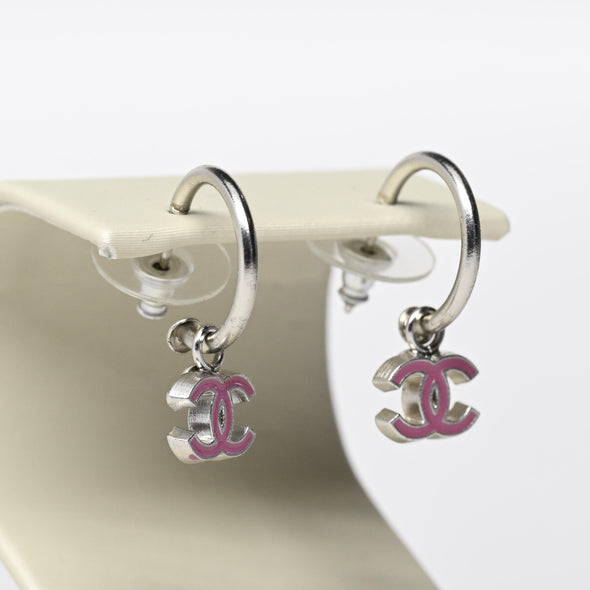 Chanel Pink Logo Dangle Silver Tone Hoop Earrings