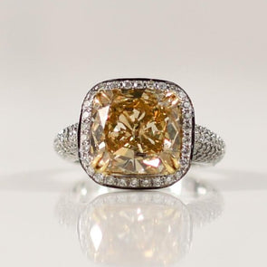 7.81ctw Natural Fancy Yellow Cushion Cut GIA Diamond in 18K White Gold Pave Ring