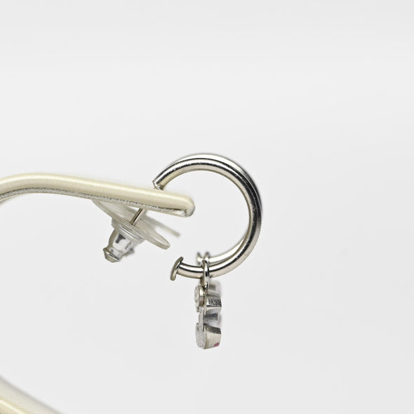 Chanel Pink Logo Dangle Silver Tone Hoop Earrings