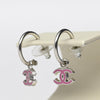 Chanel Pink Logo Dangle Silver Tone Hoop Earrings